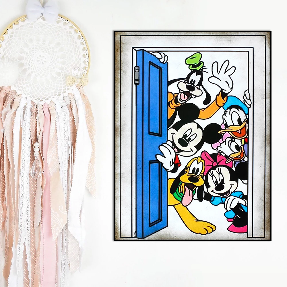 Disney Figures Group at the Door Poster Mickey Mouse And Friends Painting Canvas Prints Room Home Wall Art Decor Picture Cuadros