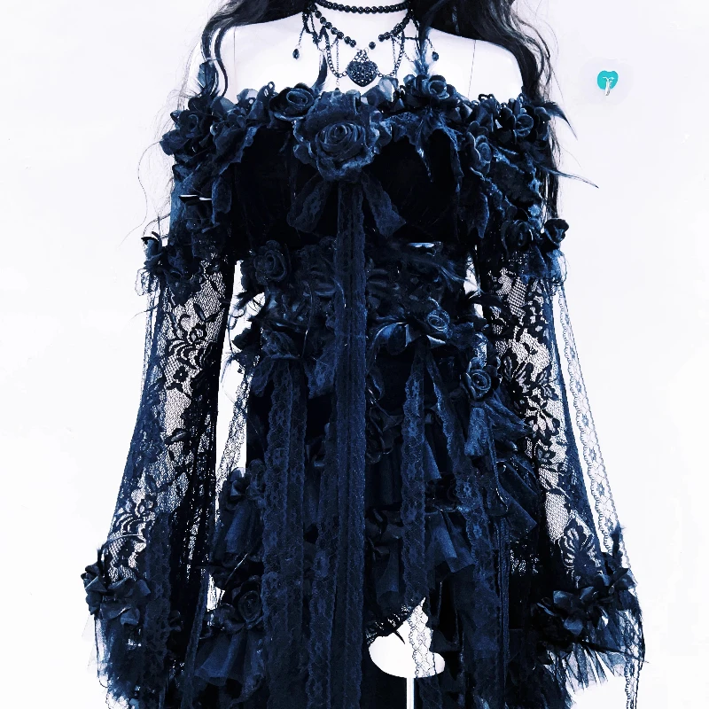 Original Design Gothic Lace Off-Shoulder Tube Top Long Dress Punk Retro Autumn Halloween Dark Waist Cincher Long Dresses Ladies