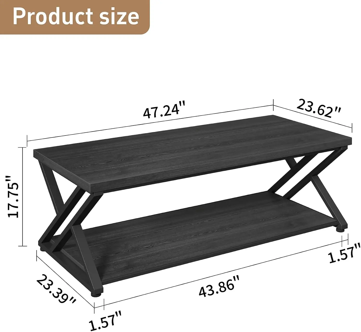 Rustic 2-Tier Coffee Table with Storage,Industrial Metal Wood Center Table, Farmhouse Rectangle Coffee Table with Open Shelf,Vintage Minimalist Living Room Table,Black