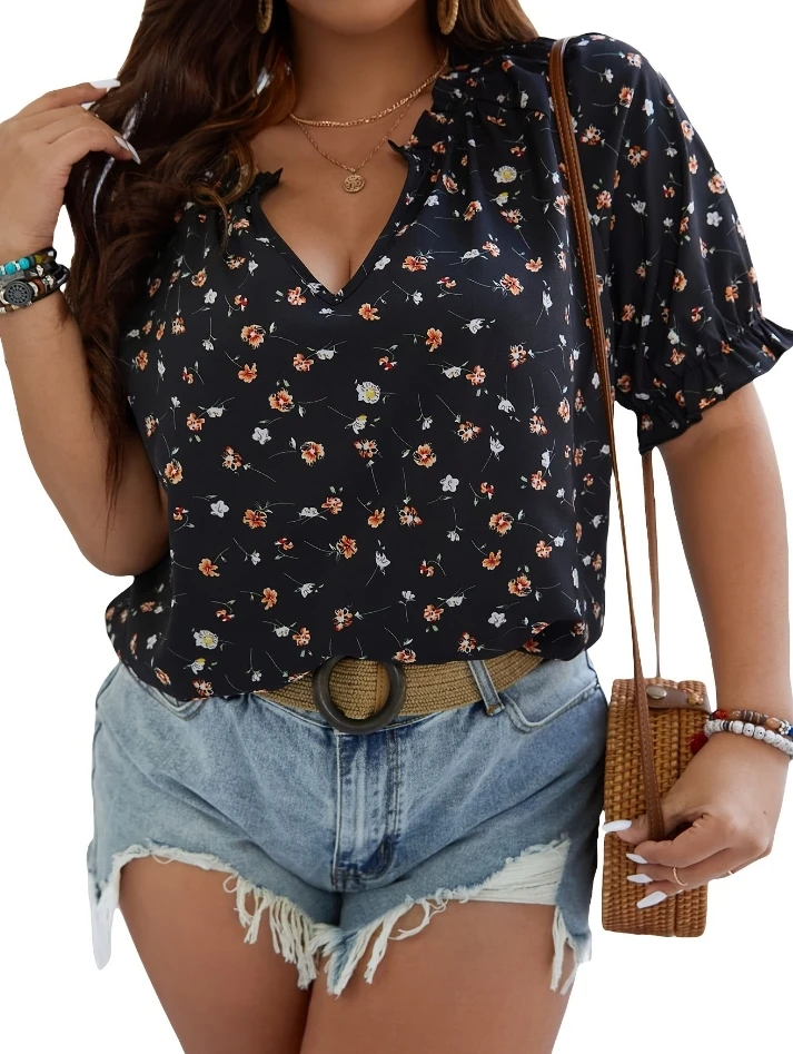 Women Casual Blouses 2024 Summer Autumn Latest Temperament Commuter Top Full Body Printed V-Neck Short Sleeved Loose Fit T-Shirt