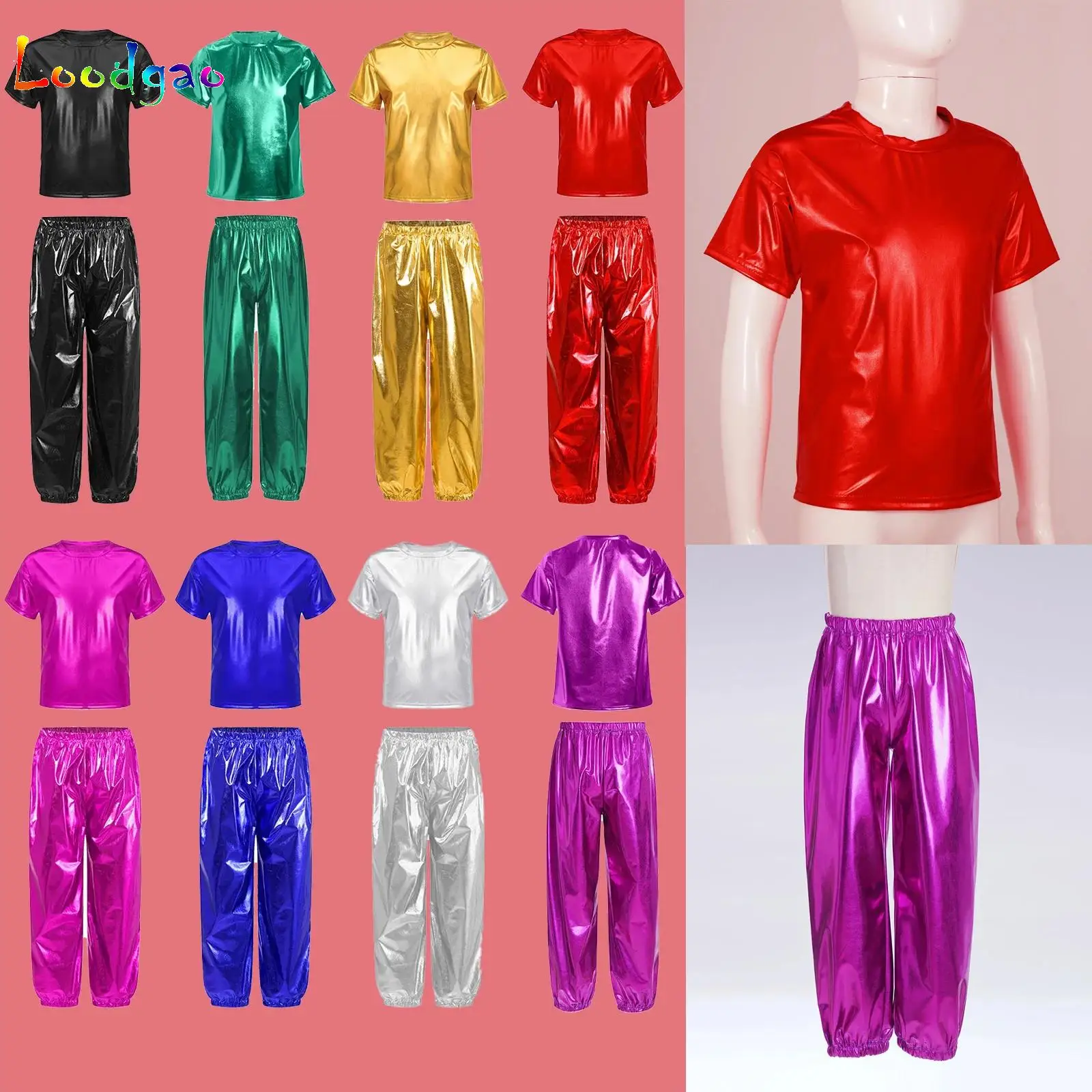 Kids Dance Party Sets Girls Boys Short Sleeve Metallic Shiny T-shirt with Pants Outfits Jazz Modern Hip Hop Performance Costume