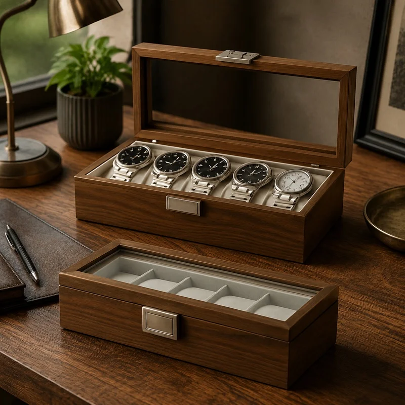 Black Walnut Wood Organizer Box for 6 Watches, Elegant Display and Storage Case