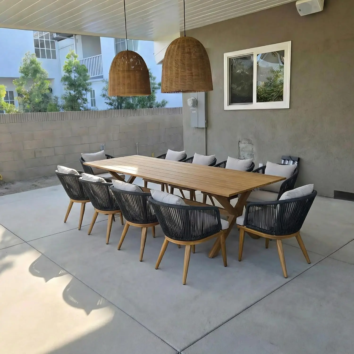 11-Piece Patio Dining Set Teak-Finish Aluminum Table & Chair Outdoor Garden Furniture, Customized