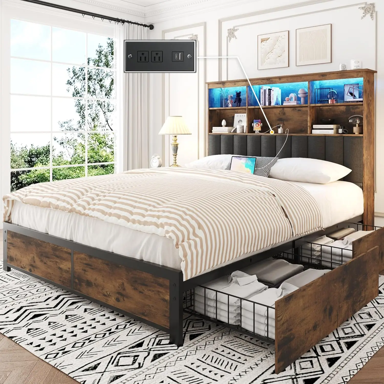 

Large bed frame with headboard, 4 storage drawers, charging station and LED,/noiseless/all metal support, vintage brown