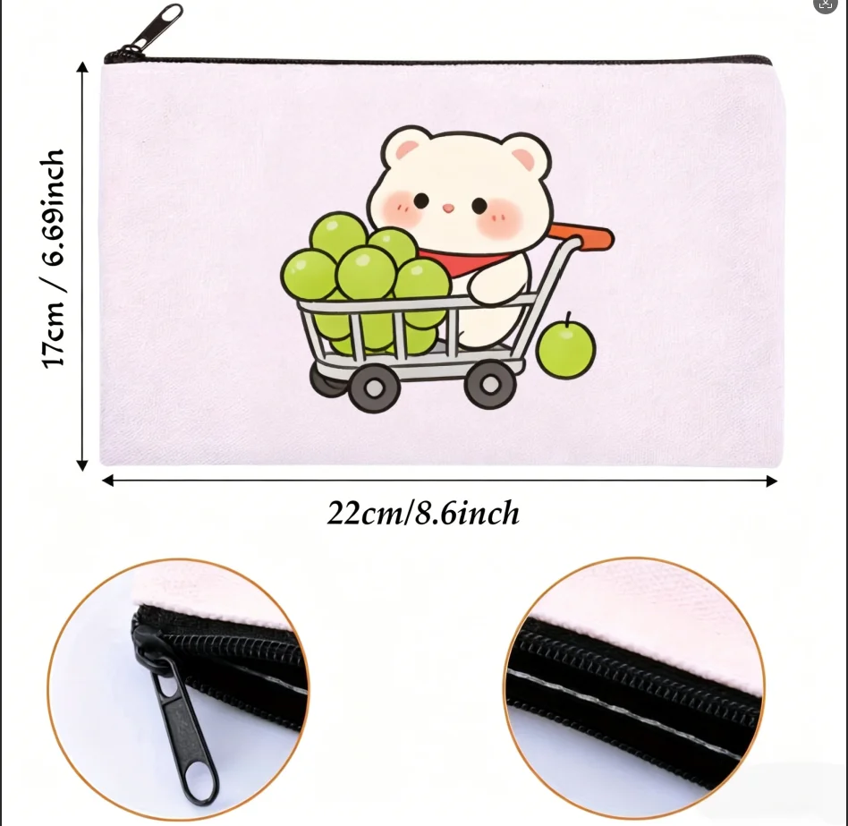 1PC Kawaii Little Bear Fruit Trolley Graphic Print Canvas Cosmetic Bag Portable Zipper Storage Pouch