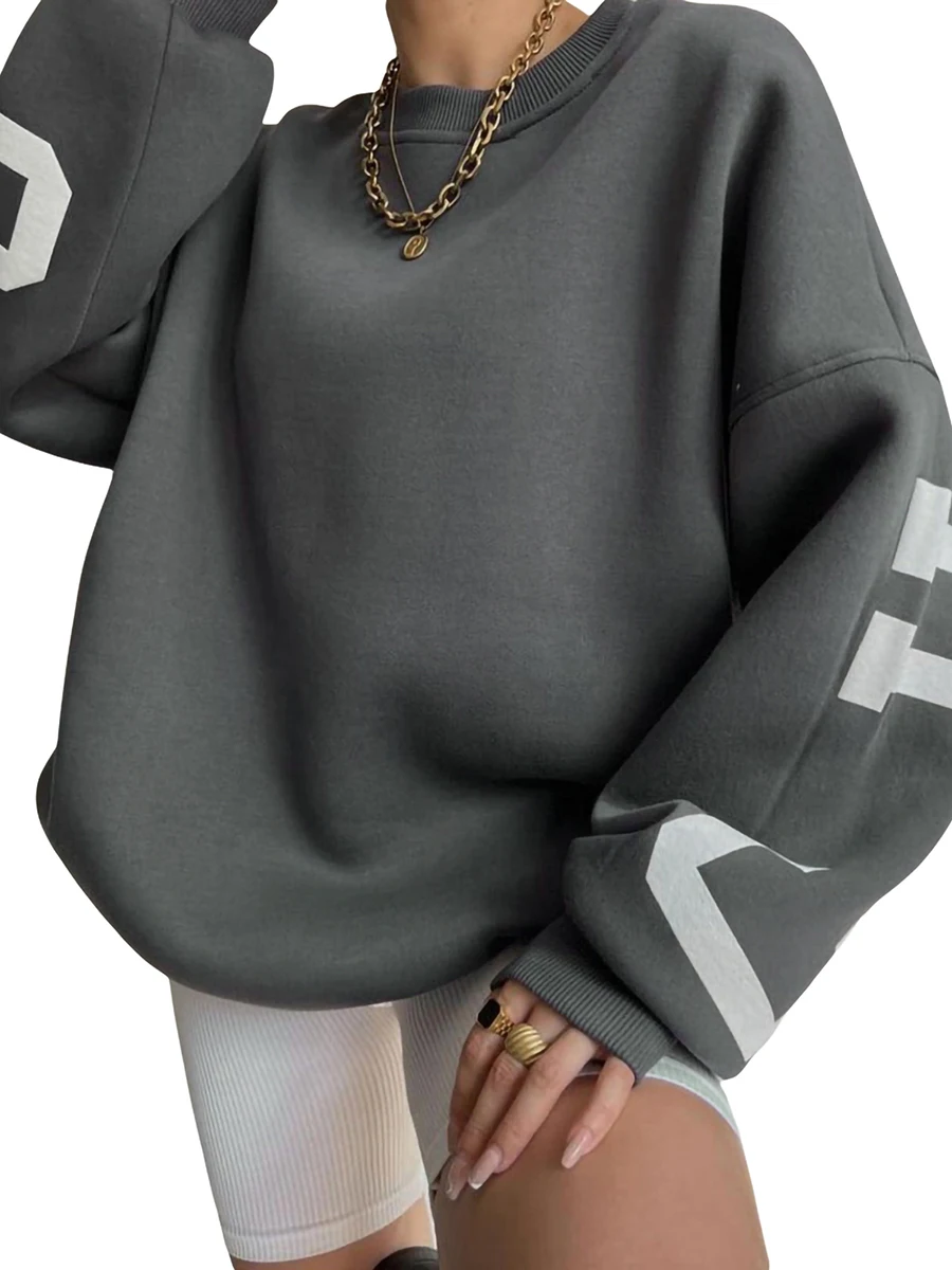 Caziffer Women Loose Pullover Oversized Sweatshirts Letter Print Crewneck Casual Thickened Long Sleeve Y2K Boy Friend Tops