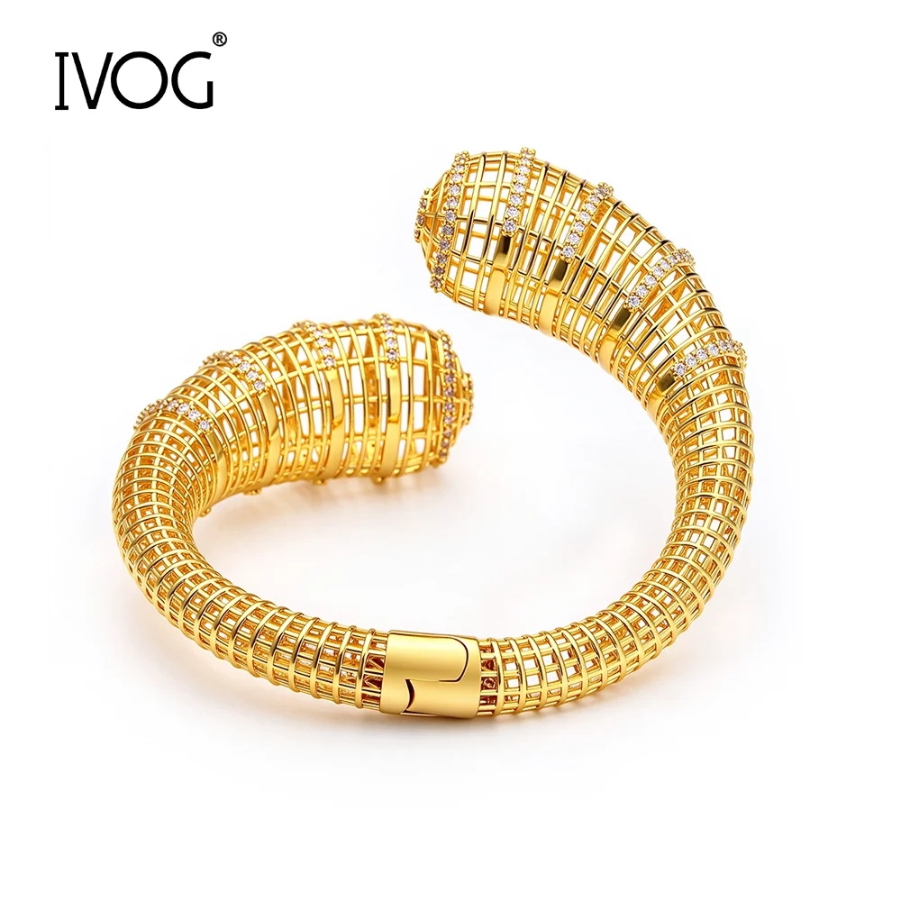IVOG Women Hollow Mesh Brass Cuff Bangle Inlaid Cubic Zirconia Open Bracelet Trendy Jewelry for Party Daily Wear Gift