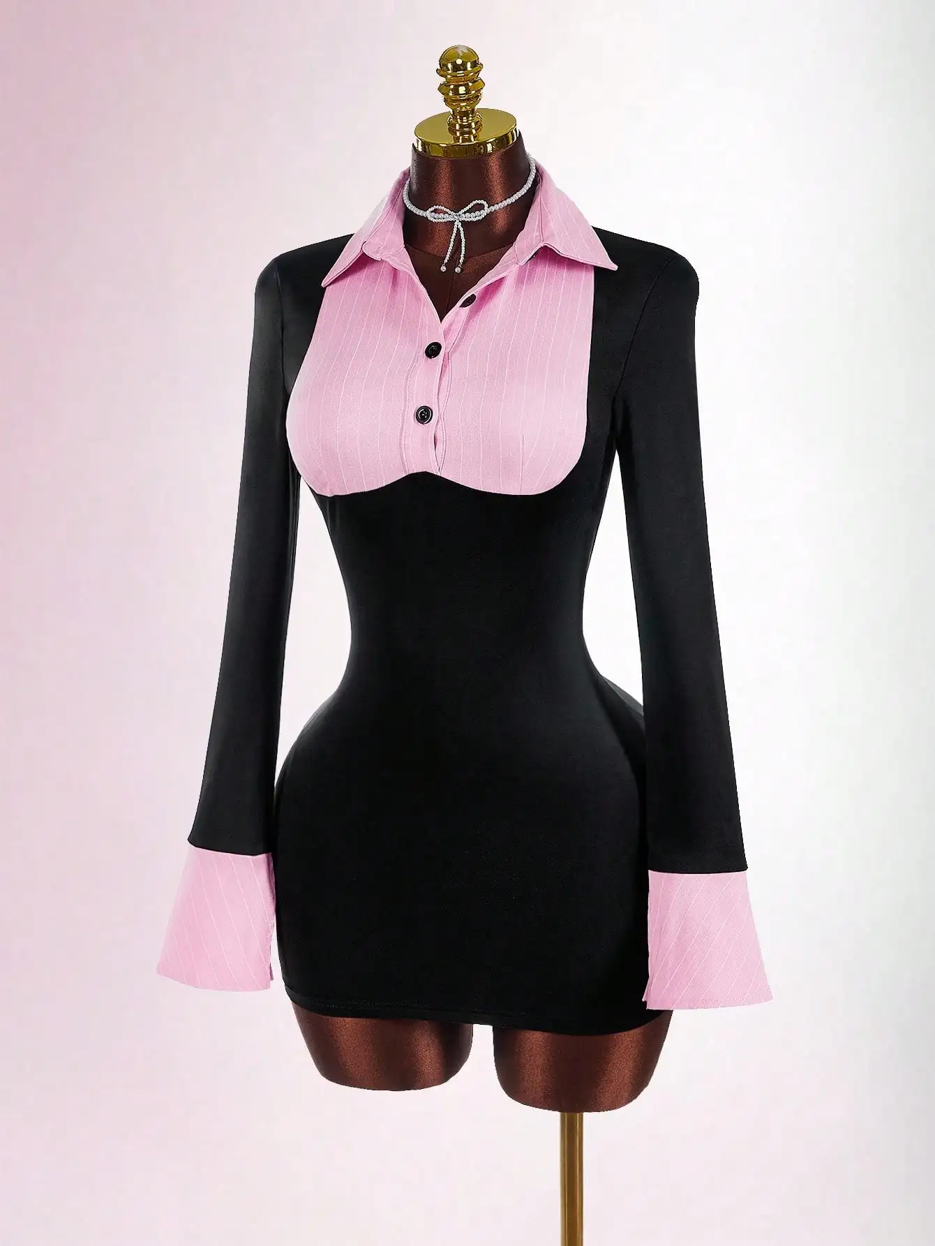 

Pink & Black Contrast Pinstripe Collared Mini Dress with Flared Cuffs