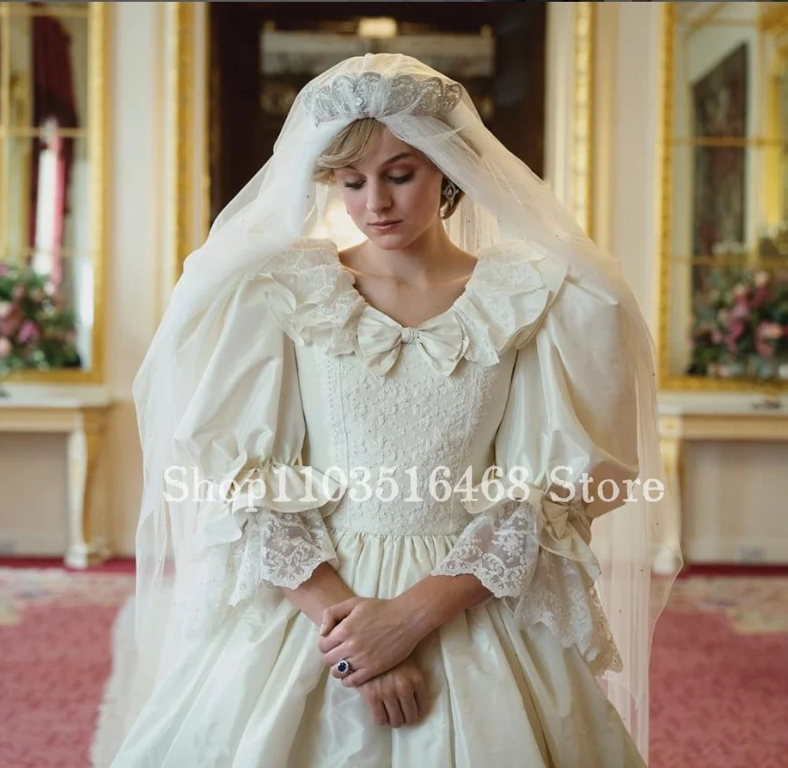 Vintage Victoriaanse Trouwjurk Ivoor Romantische Bubble Mouw Prinses Diana Bruiloft Kanten Poncho Robe Mariee Princesse