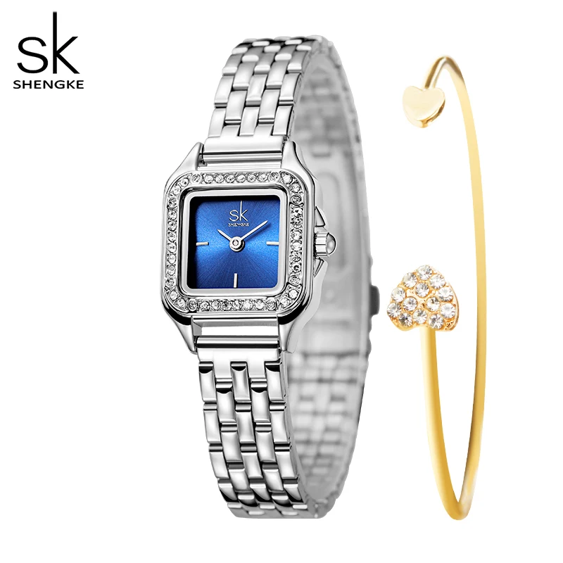 SHENGKE Elegante Silber Edelstahl Frauen Uhren Mode Kleine Zifferblatt Quadrat frau Quarz Armbanduhren Damen Neue Geschenk Uhr