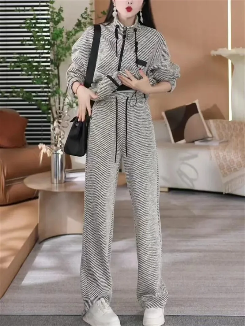 Fashion Casual Striped Suit For Women 2024 Spring Autumn New Style Loose And Slimming Cardigan Top Wide Leg Pants Two-piece Set