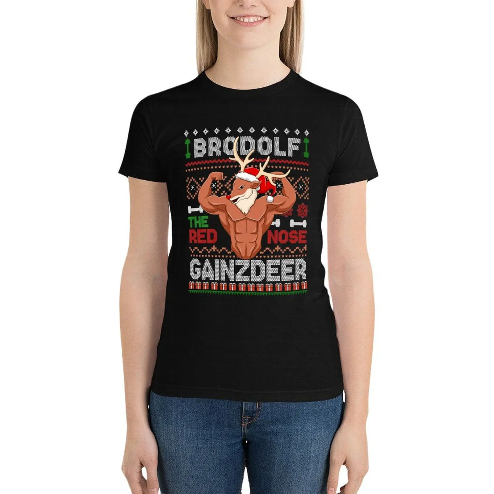 Mulheres Brodolf O Nariz Vermelho Gainzdeer Ginásio T-shirt, T-shirt de Natal, T de manga curta, Blanks Alfândega, Desenhe o seu próprio, Feio, Natal