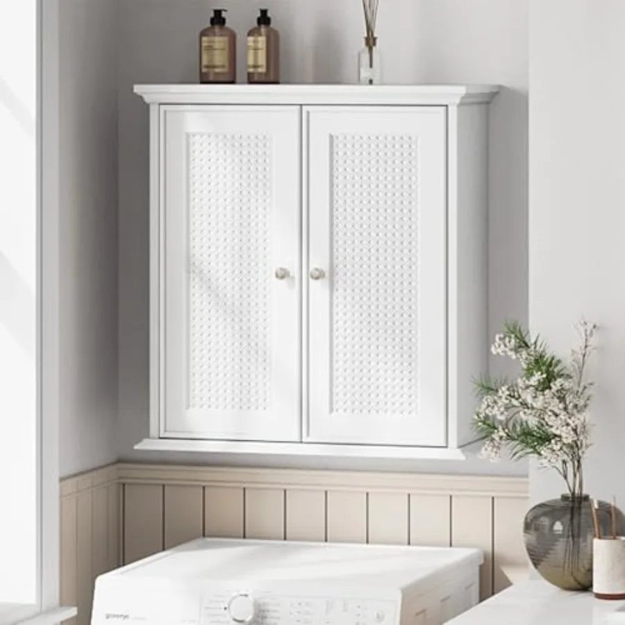 

Rattan Weave Bathroom Cabinet Over Toilet, 2-Door Wall Mounted Medicine Cabinet with Adjustable Shelves, Modern Farmhouse Stora