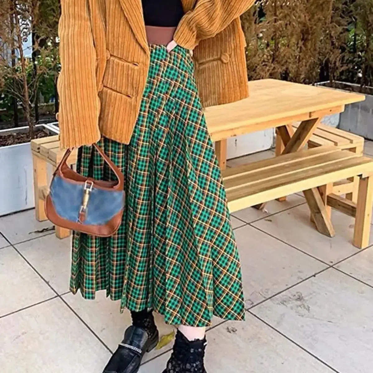 Midi Skirt Women Long Plaid Pleated Skirts For Female Thick Casual Loose High Waist A-Line 2023 Spring and summer Vintage