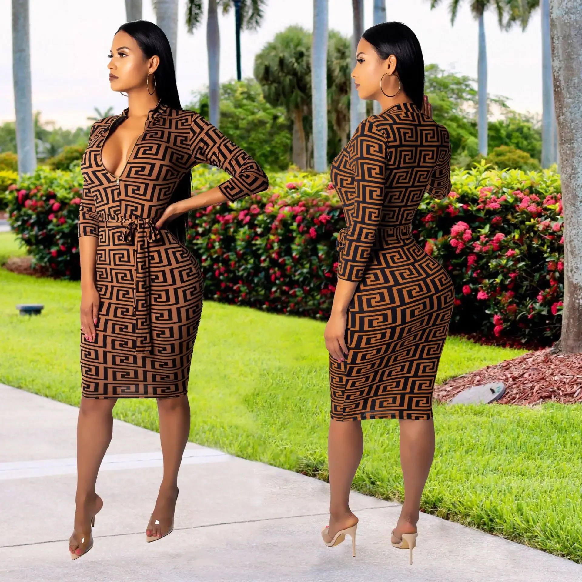 Frauen Herbst Sommer Eleganten Druck Schlank Hohe Taille Kleid Büro Dame Langarm Midi Plaid V-ausschnitt Party
