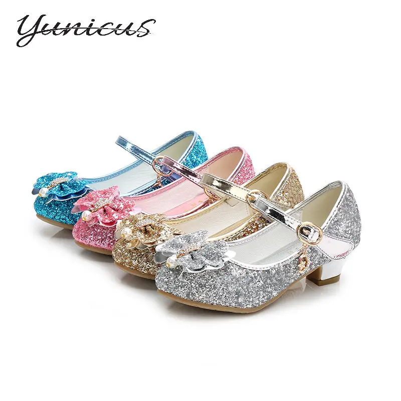 

YUNICUS Girls Leather Shoes Children Baby Princess Bowknot Princess Shoes Sequines High Heel Dancing Girls Flower Casual Shoes