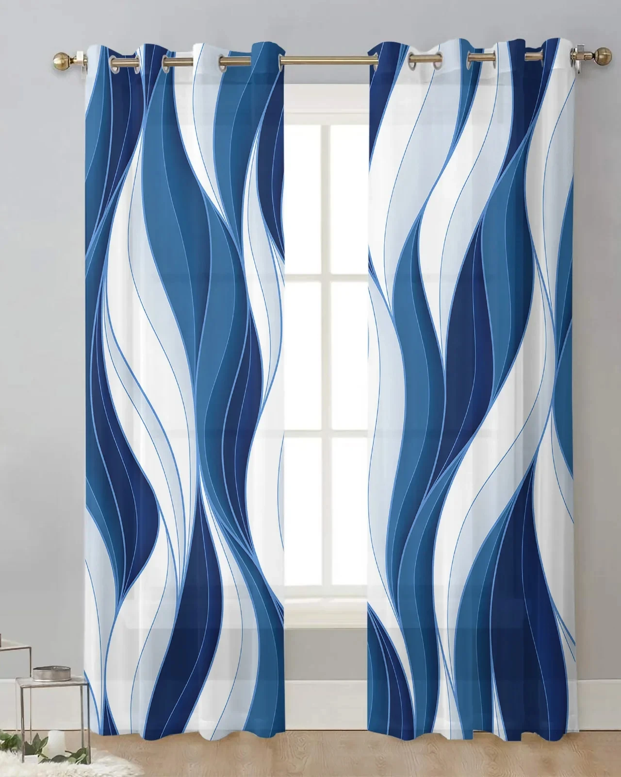 

Dark Blue Ripples Lines Modern Tulle Curtains Living Room Voile Drapes Sheer Window Curtains Bedroom Accessories