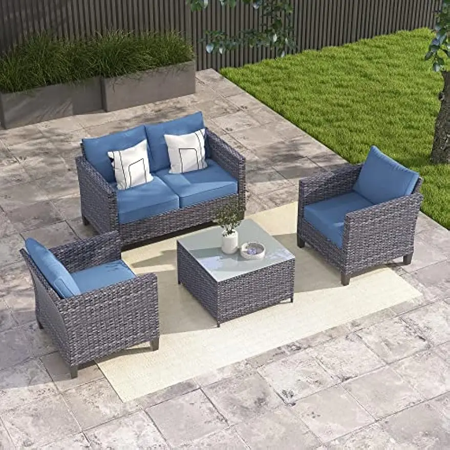 

Patio Furniture Set 4 Piece Outdoor Sectional Sofa Set w/Loveseat Chairs Coffee Table High Back Couch Wicker Rattan Sets