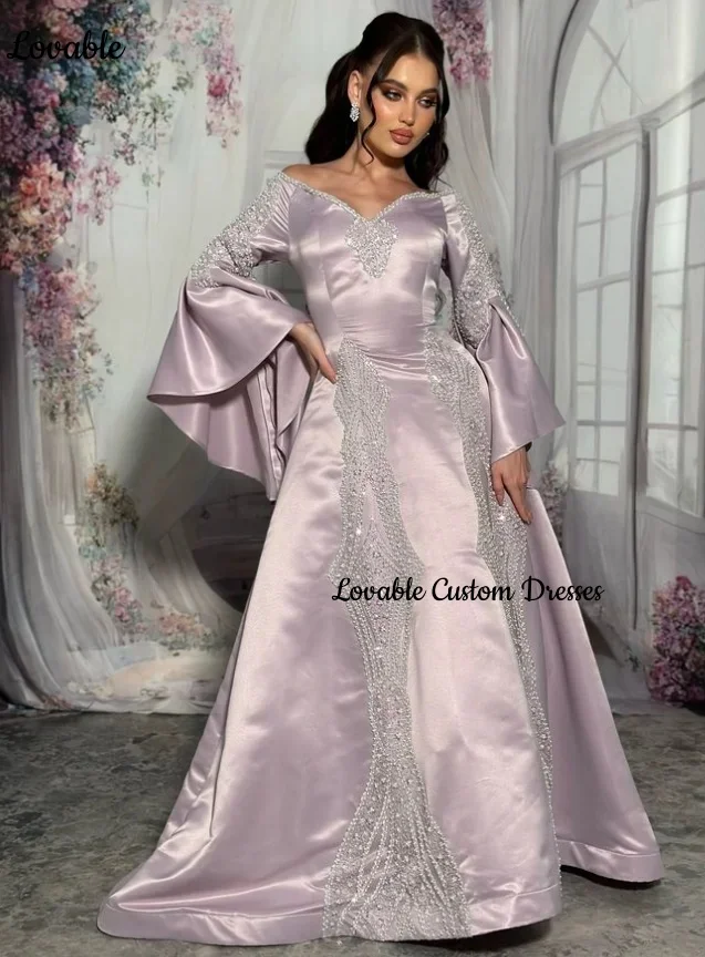 Customized فساتين سهرة A-Line Square Neckline Floor-Length Luxury Evening Dresses Beadings Zipper Up Long Sleeves Dresses