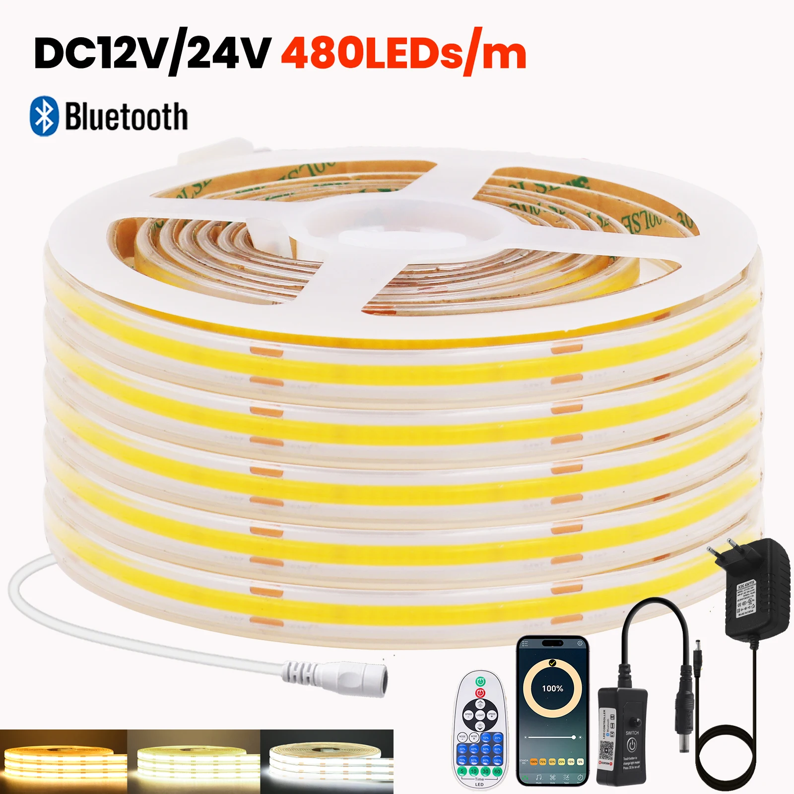 12V 24V Bluetooth COB LED Strip Light 480LEDs/M 23key Remote EU US UK AU Power Kit Flexible Tape Warm Natural White 0.5m 5m 10m