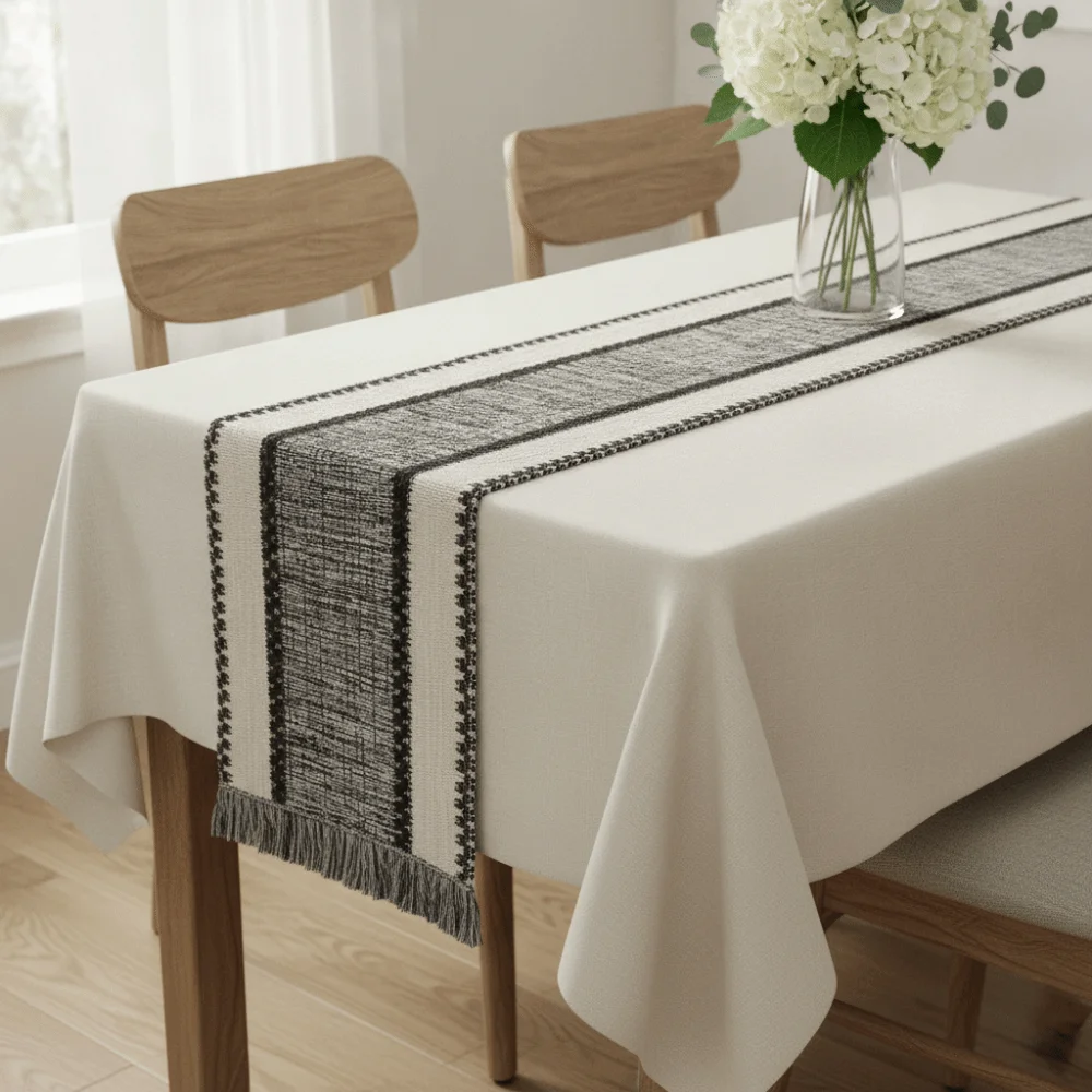 Splicing Color Farmhouse Table Runner with Gradient Tassel Rectangular Long Tablecloth Non-slip Stain-resistant Table Cover