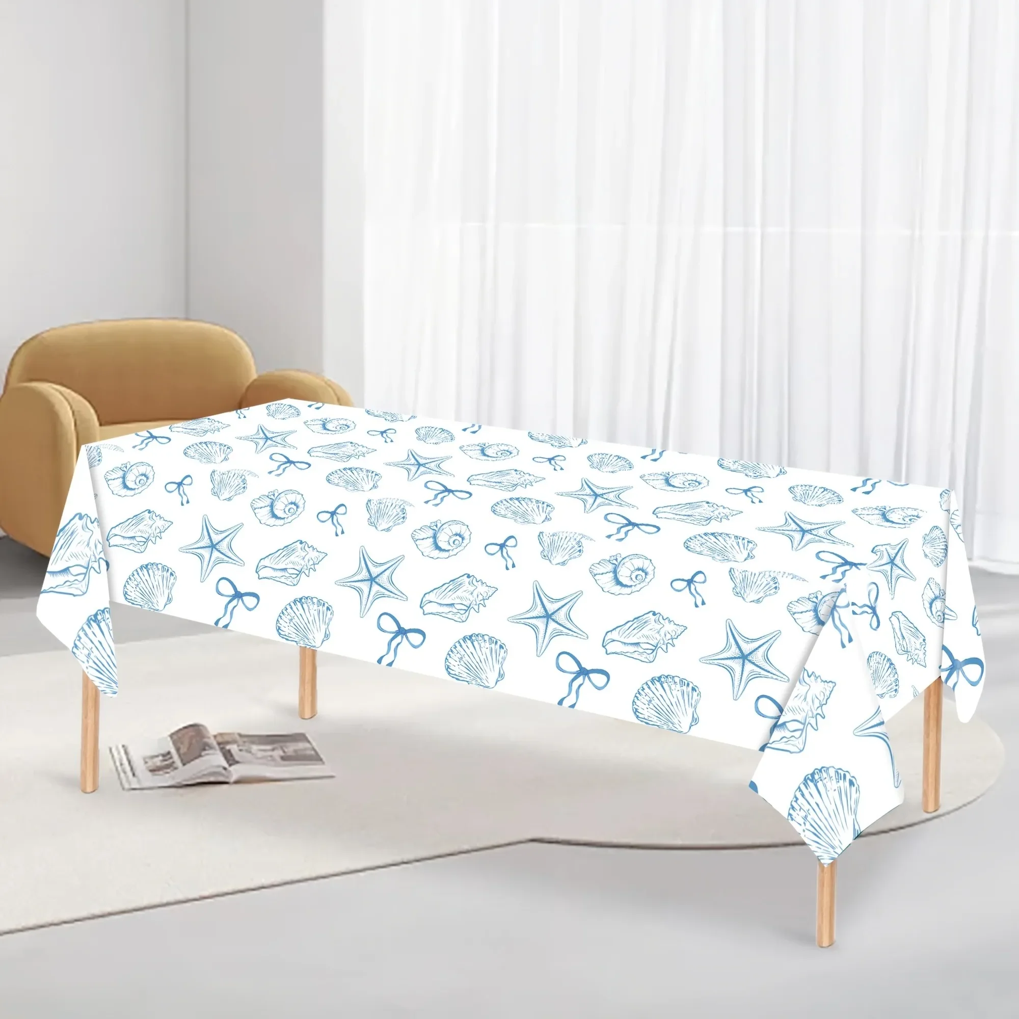 Single-ply machine woven, butterfly knot theme party tablecloth for marine life.Printed with starfish, shells, yzb