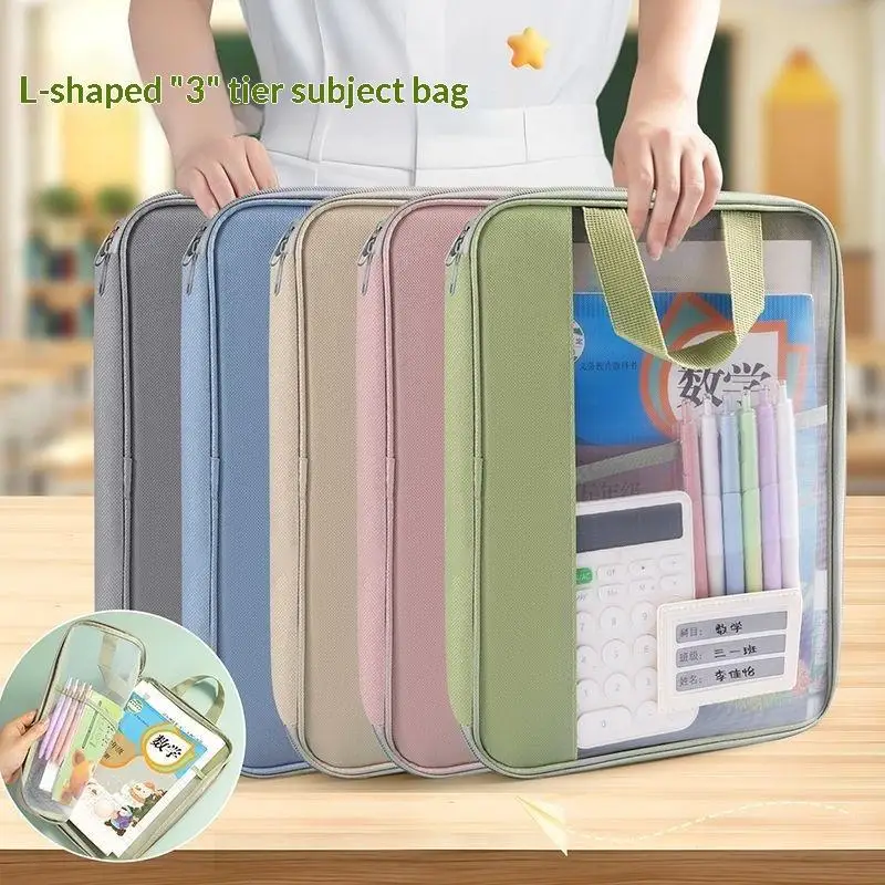Handheld Multifunctional L Shaped Mesh File Bag Portable Tutoring Pouch for School Stationery Document Paper Mixed Storage