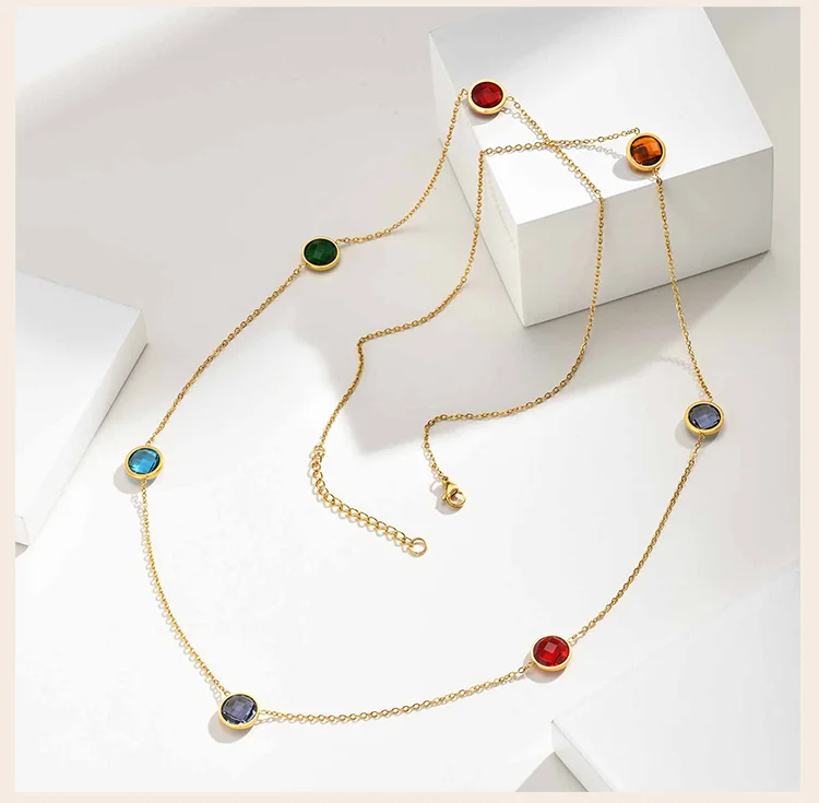 18K Vergoldete Edelstahl Lange Halskette für Frauen, Bunte Runde Naturstein-Perlen Stapelbare Layering-Partyschmuck – Detail 4