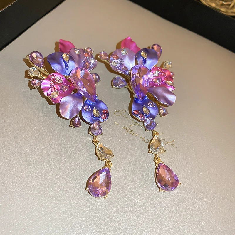 Luxury Rhinestone Purple Flower Drop Earrings for Women Europe and America Exaggerated Heavy Industry Party Jewelry