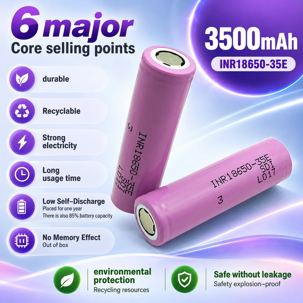 INR18650 35E 18650 Battery 3500mAh 20A 3.7V Lithium Ion Rechargeable Cell for Flashlight Power Bank Replacement Pack