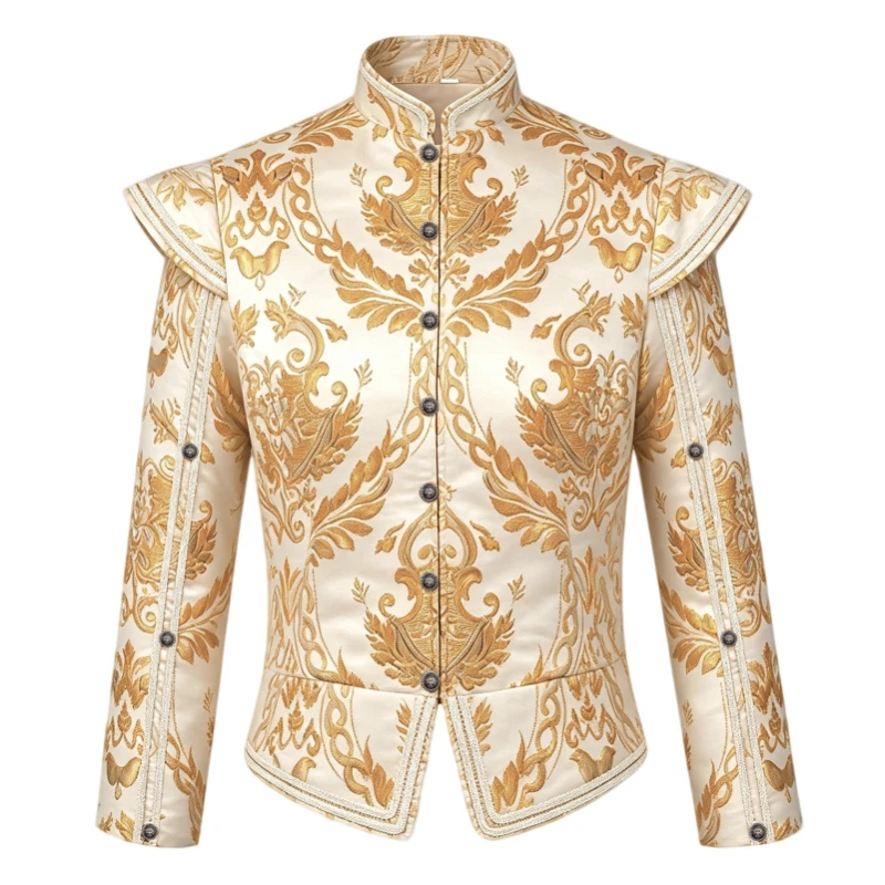 Renaissance Medieval Brocade Jacket for Men,Baroque Royal Prince Stand‑Collar Short Men Jackets,Gothic Victorian Cosplay Costume