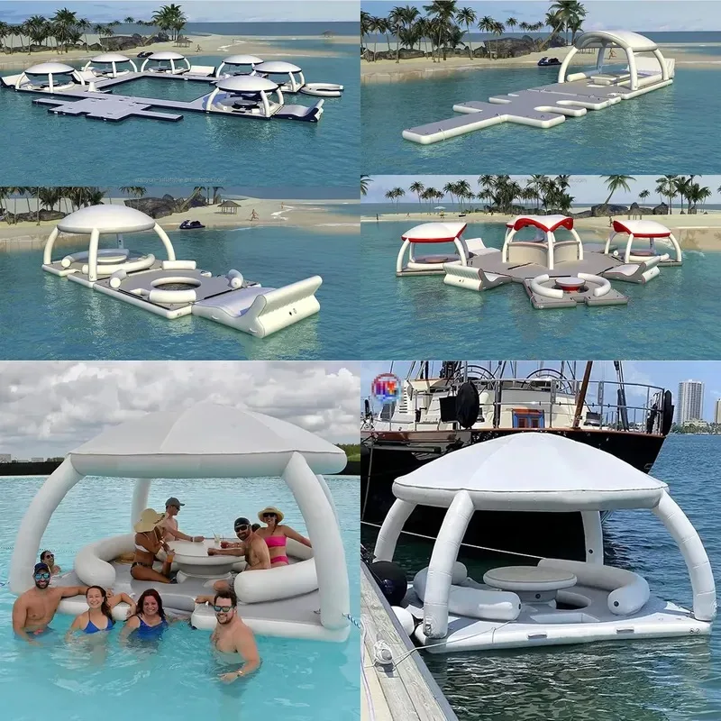 Inflatable Floating Island Platform Bar Pier with Adult Tent Water Games
