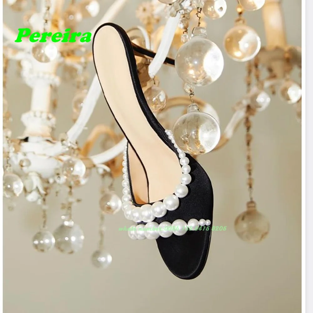 

Pearl Decor Satin Stiletto Slippers Open Toe Black Thin Heels Women's Slippers Summer 20024 New Slip On Luxury Party Shoes Sexy