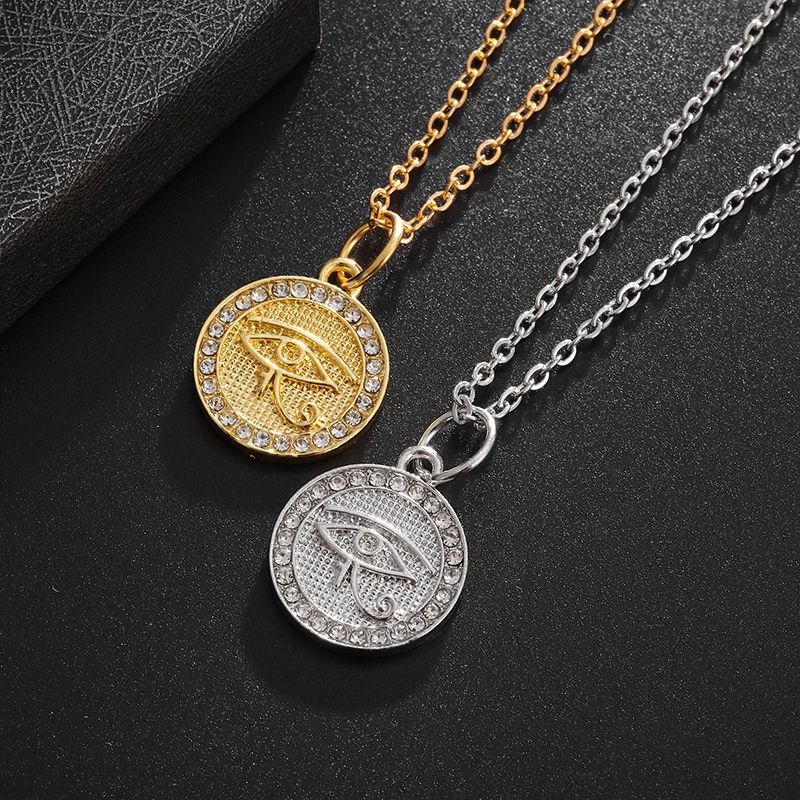 Hip Hop Ice Out Eye of Horus Pendant Medal Necklace for Men Women Ancient Egyptian Pharaoh Amulets Jewelry Accessories