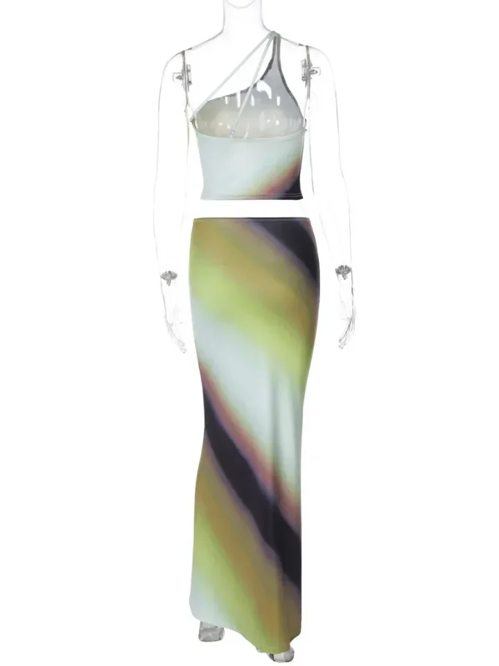 Elegant One Shoulder Green Gradient Color Vacation Beach Dress 2 Piece Set Women One Shoulder Backless Tank Top Long Skirts Suit