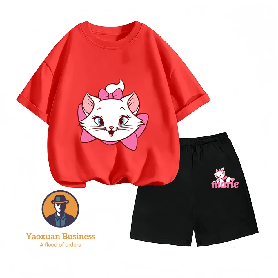 

Disney Mary Cat Short-sleeved T-shirt and Shorts Set, Cartoon Harajuku Short-sleeved Design, Fashionable Cotton Top, Cute