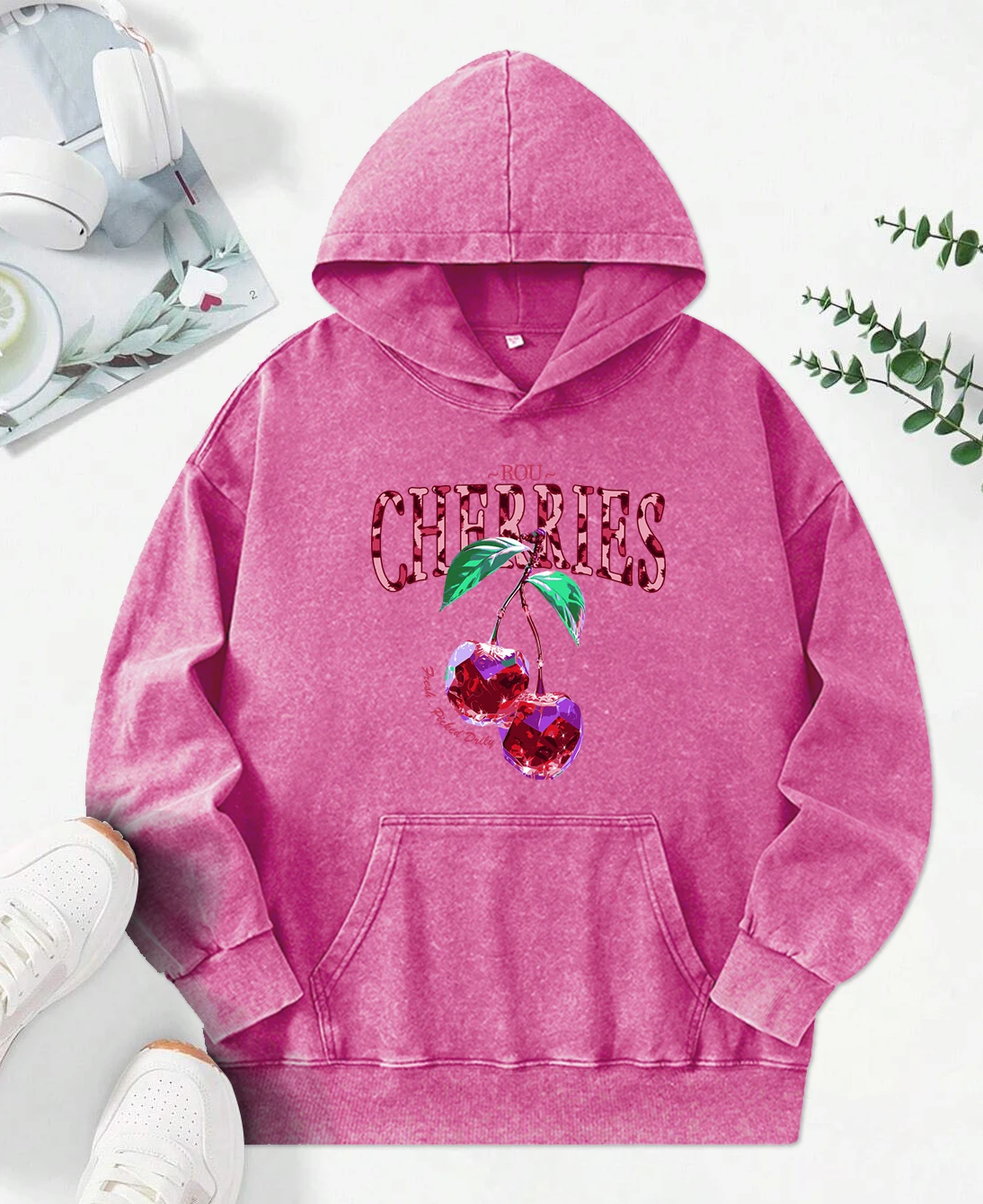 Crystal Cherries  Print Women Washed Hoodie Pocket Fashion Pullovers Hip Hop Multicolor Female Hoody Autumn Cotton Hoodies