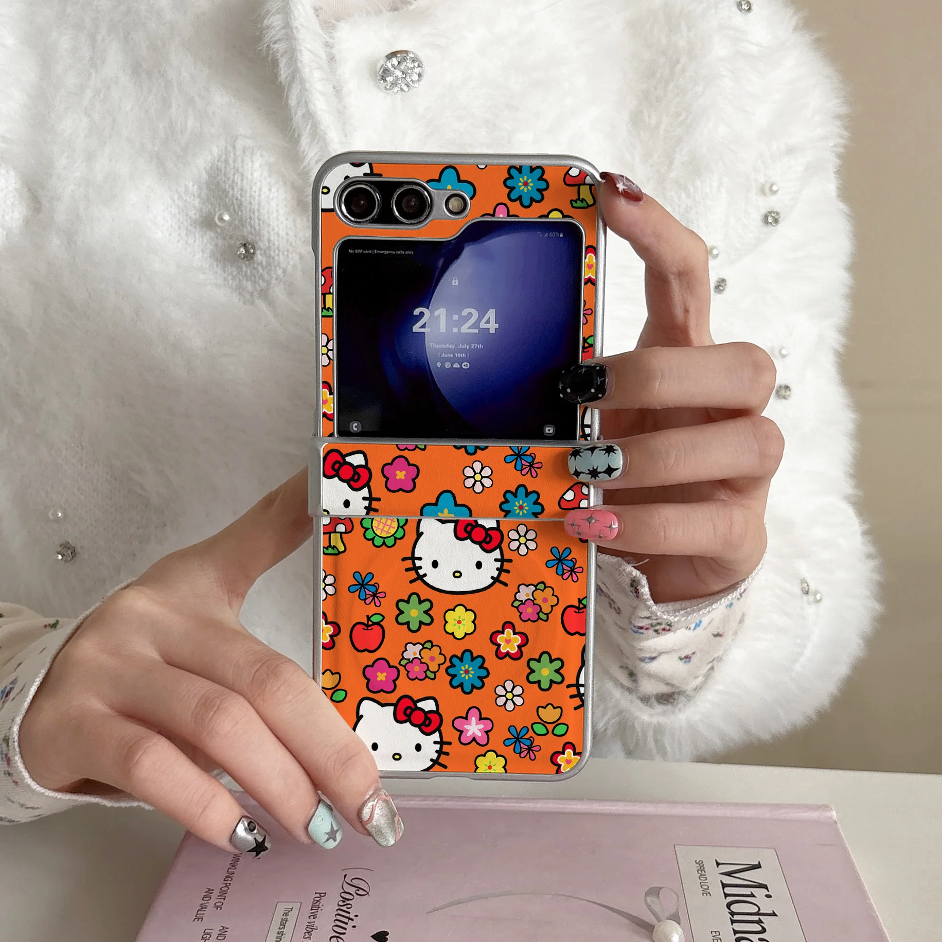 

Hello Kitty Magnetic Phone Case for Samsung Galaxy Z Flip 7 6 5 4 3 Orange Flower Apple Kawaii Foldable Cover Support For MagSaf