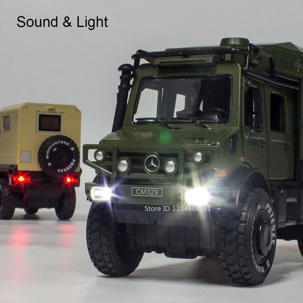 1:28 Unimog Motor Home U5000 Model Zabawka Odlewana Samochód Otwierane Drzwi z Dźwiękiem i Światłem Miniatury z Napędem Pull Back Zabawne Zabawki dla Dzieci