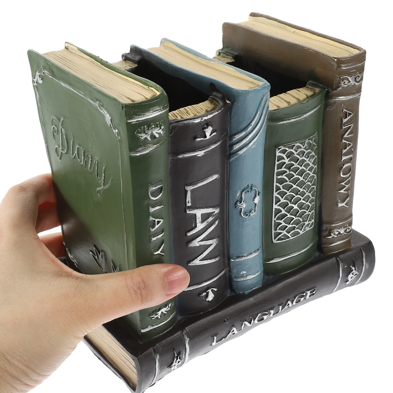 Resin Book-Shaped Pen Holder Desktop Stationery Organizer for Pens Pencils Markers Smartphones Remote Controls Vintage Desk