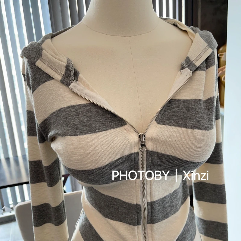 Wholesale Spring Autumn Knitted Cardigan Long Sleeve High Strecth Striped Tops Korean Style Slim Fit Zipper Hoodies for Women