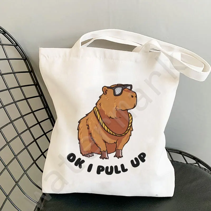 Capybara bonito lona tote bolsa feminina harajuku bolsas de ombro ulzzang shopper saco de impressão de lona animal dos desenhos animados bolsas