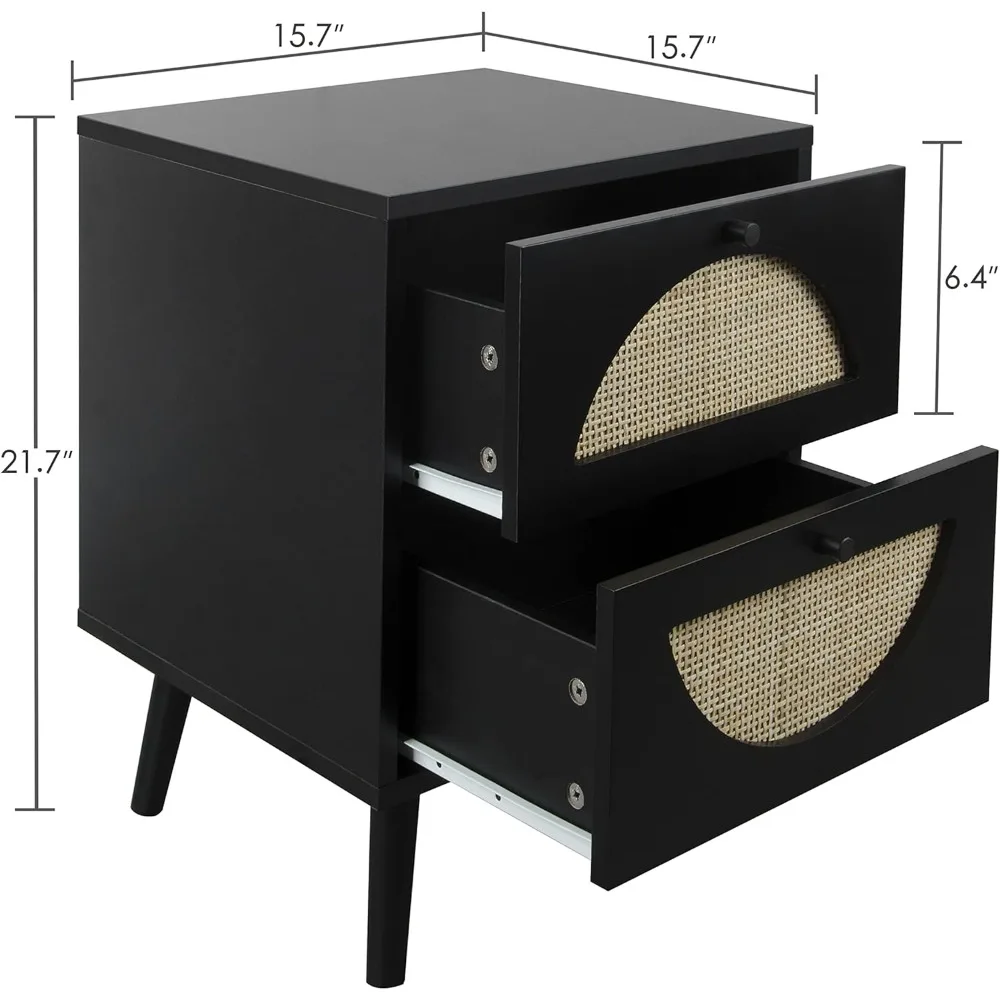 Black Nightstand with Drawer, Bedside Tables Side Tables Bedroom, Wood Rattan Nightstand End Table with Storage