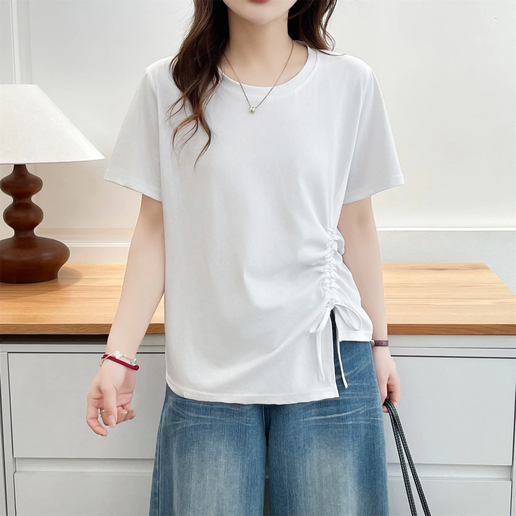 

2026 Summer Plus Size Irregular T-shirt Women Drawstring Cotton Short Sleeve Minimalist Casual Tops For Curvy Ladies 778