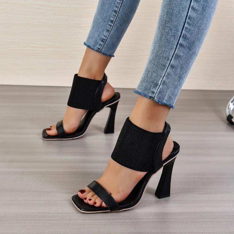 

Summer New Square Head Women's Shoes Fashion Elastic Band Women's Sandals High-heeled Shoes Zapatos De Tacon Mujer Elegantes