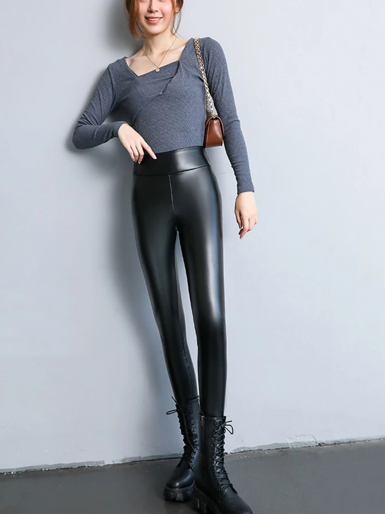 2023 Winter Spring Women\'s Leggings Korean Fashion High Waist Faux Leather Pants Black Slimming PU Trousers Leggings for Women