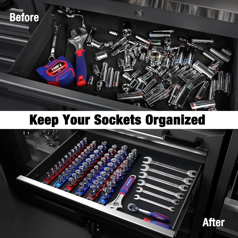 

Magnetic Socket Organizer - 6-Piece Aluminum Alloy Socket Rail, Heavy Duty Socket Holder - Set: 1/4-Inch x 12 Clips