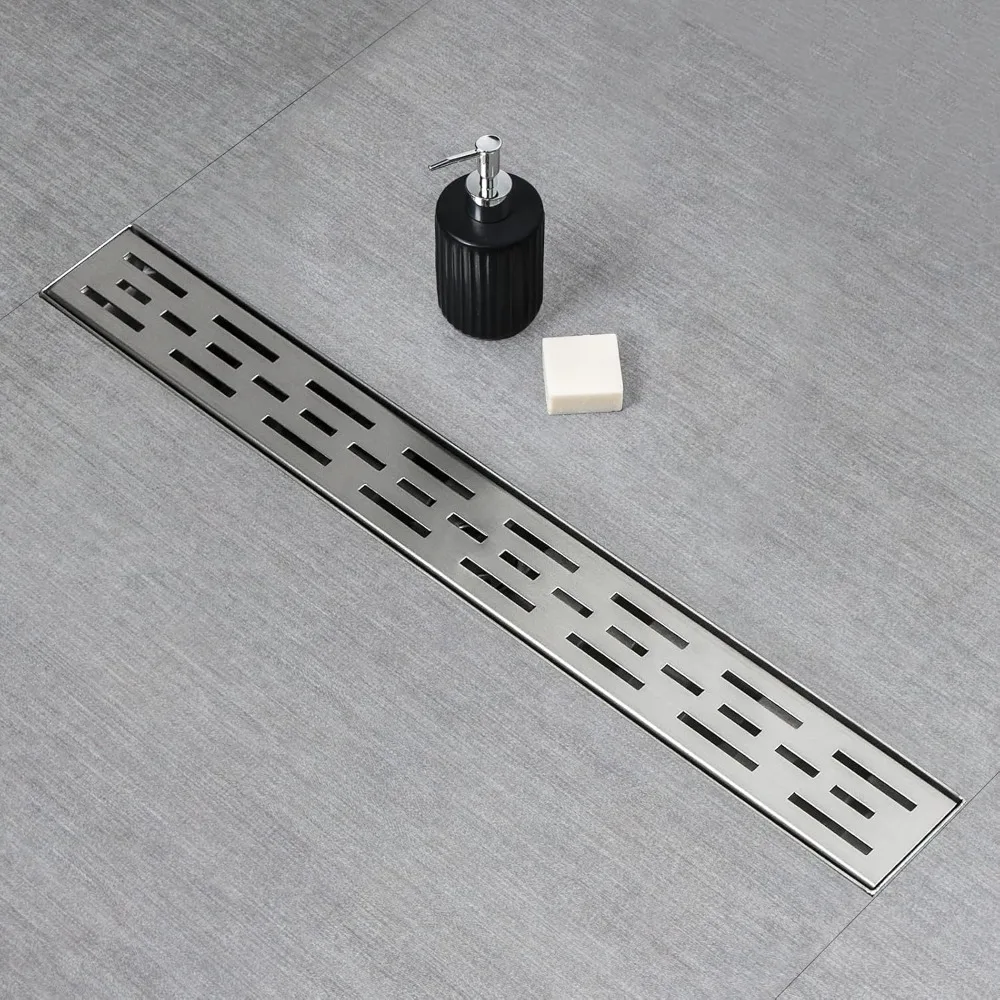 Linear Shower Drain, Shower Drain 24 inch High Water Flow Removable Grate, Brushed 304 Stainless Steel Linear Drain with Hair