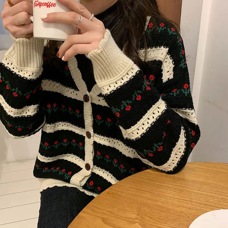 Cottagecore Sweater Floral Striped Textured Knit Button Front Cardigan Jacket for Women Autumn Winter Vintage Outfit