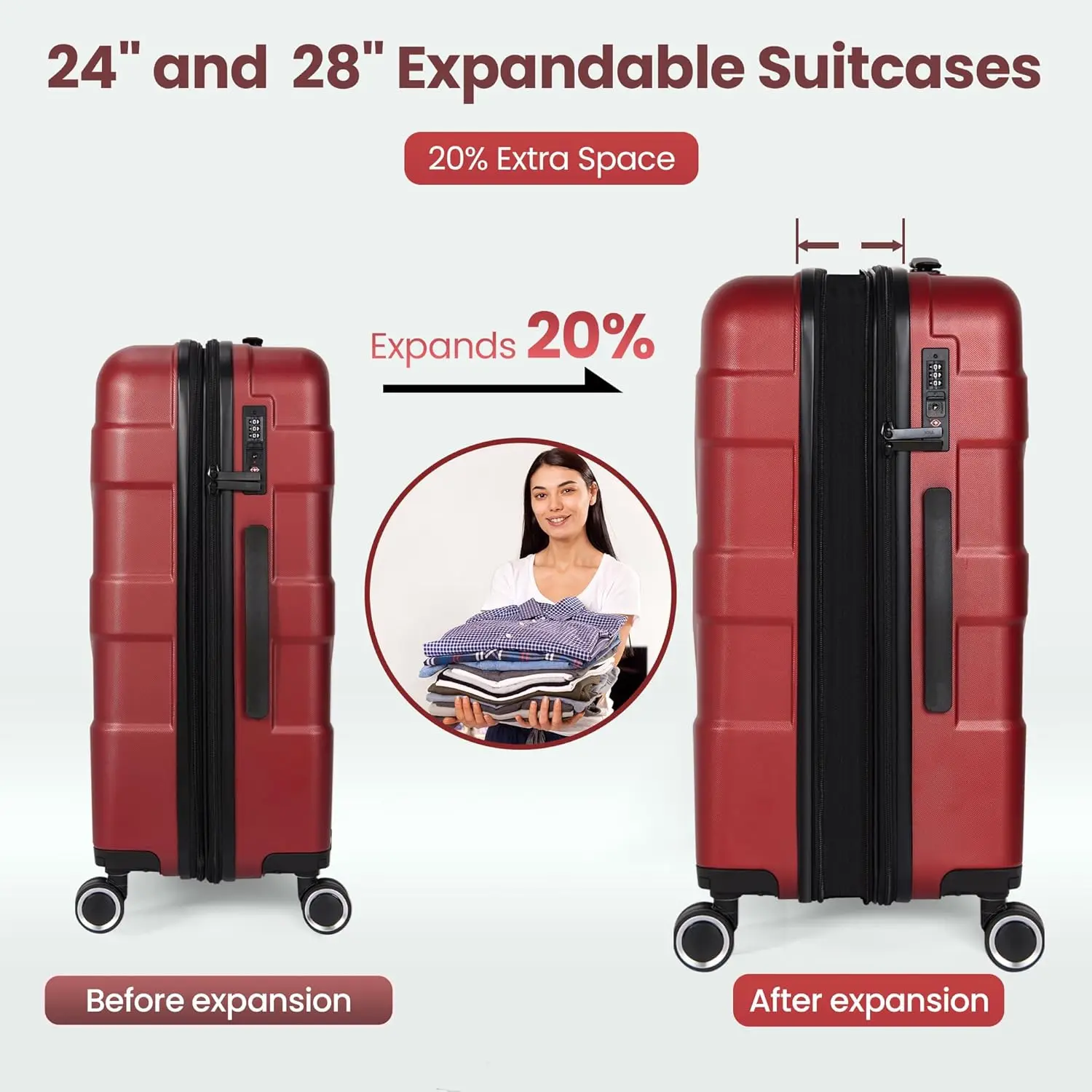 Juegos de equipaje de 3 piezas con rueda giratoria, juego de maletas Hardside con cerradura Tsa, equipaje de viaje expandible para mujeres, Rojo